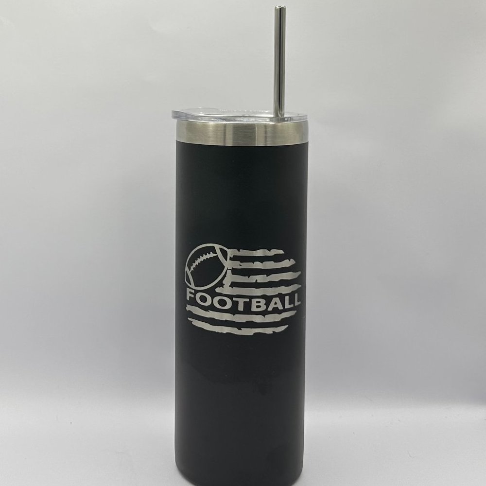 American football flag engraved black 20 ounce skinny tumbler, football gift